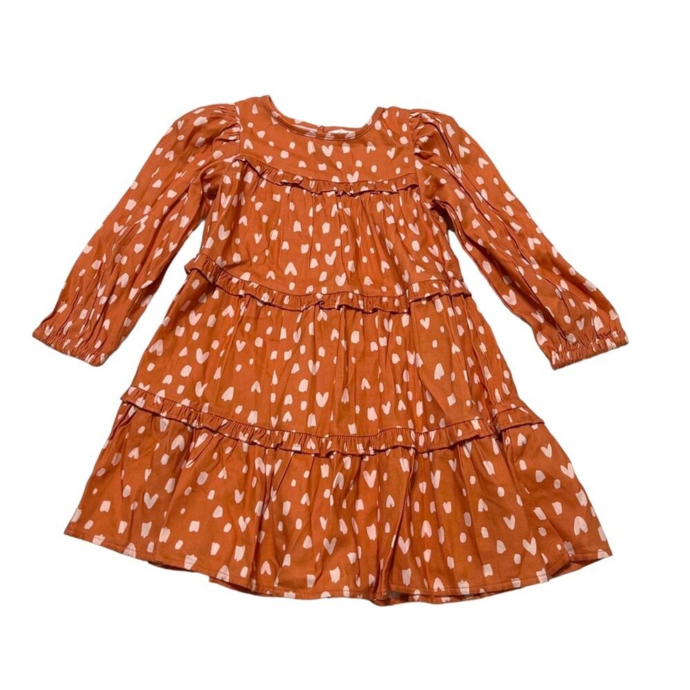 Cat&Jack Peasant Dress Girls Extra Small XS 4/5 Mustard Brown Hearts Tiered Boho